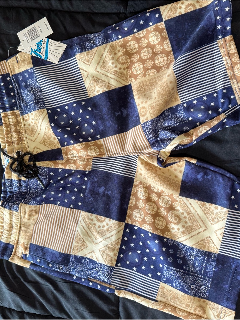 fresh produce Navy and Tan Patchwork Swim/Hybrid Shorts